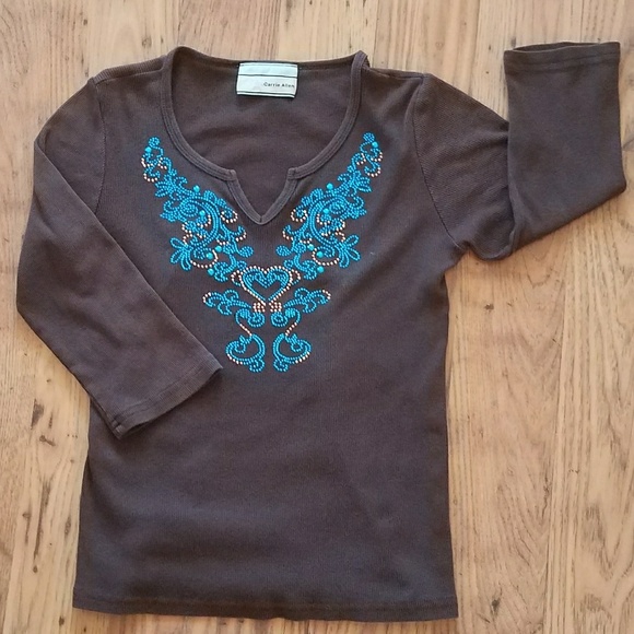 Brown Top with Copper/Turquoise Rhinestones - Picture 3 of 8